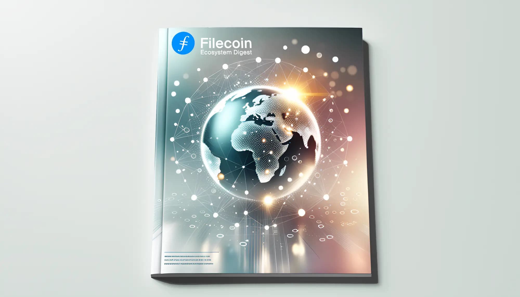 Cover of the Filecoin Ecosystem Digest showing a stylized globe with interconnected nodes representing a global network. The Filecoin logo appears at the top left, and the background has a gradient of soft blues, pinks, and oranges with light effects symbolizing data flow and connectivity.